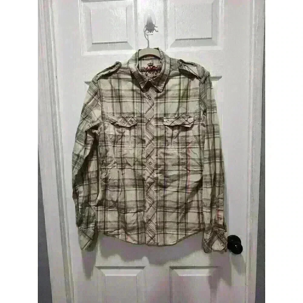 GUESS MENS MEDIUM LONG SLEEVE SNAP DOWN ZIPPERED‎ POCKETS WESTERN PLAID SHIRT